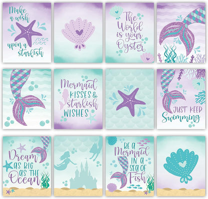 Hadley Designs 6 Mermaid Wall Decor – Reversible Magical Mermaid Wall Art for Nursery & Bathroom, Under the Sea Unframed Ocean-Themed Room Decor Prints for Girls' Bedroom