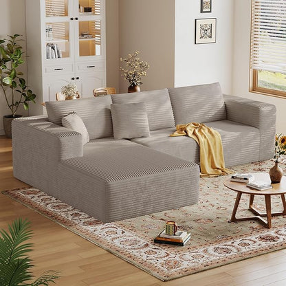 108'' Modular Sectional L-Shaped with Chair,Deep Seat Boneless Corner Couch for Living Room,Plush Corduroy Couch with Detachable Sofa Set,No Assembly(Left Facing Chaise,Camel)