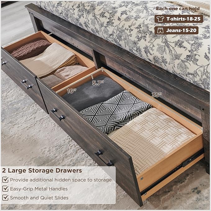 RedLemon Farmhouse King Size Bed Frame w/ 54" Tall Geometric Headboard, Rustic Wood Platform Bed w/ 2 Large Storage Drawers, Wood Slats Support, Noise Free, No Box Spring Needed,Dark Rustic Oak