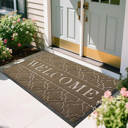 Yimobra Welcome Mat Outdoor Indoor, All-Season Waterproof Front Door Mat Outside Entrance, All-Weather Heavy Duty Non-Slip Doormat, Low Profile Porch Patio Entrance Mats, 60x36, Coffee