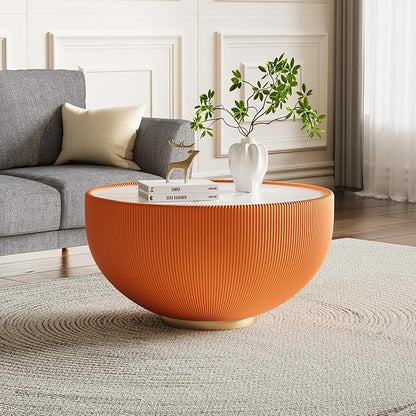 Round Coffee Table Set with Sintered Stone Tabletop, 29.53" Orange Drum Center Table and 19.69" Orange Coffee Table Set, 2 Pieces Living Room Table Set with Fluted PU Leather Cover&Metal Base
