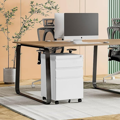 MIIIKO White Filing Cabinet 3 Drawers on Wheels Under Desk, Metal Rolling File