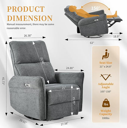 QKFF Power Swivel Rocker Recliner Chair for Nursery, Upholstered Snowflake Velvet 270°Swivel Glider Rocker Chair with USB Ports, Small Power Recliners for Small Spaces Living Room