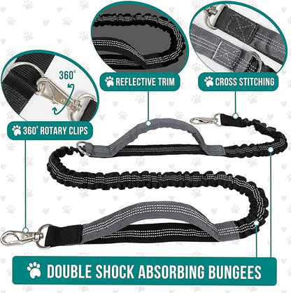 PetAmi Hands Free Dog Leash, Running Leash Belt Bag for Walking, Jogging, Waist Double Zipper Pouch with Poop Dispenser, Dual Padded Handles Reflective Bungee Single, Purple, 1 Leash