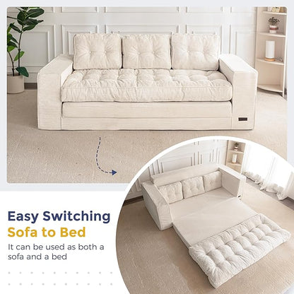 MAXYOYO Convertible Sofa Bed, Pull Out 3 Seater Sleeper Sofa, 2 in 1 Folding Couch Bed, Fold Out Floor Couch with Pillows for Living Room Bedroom Lounge, Beige