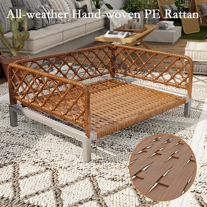 Small Dog Bed, Waterproof Elevated Dog Couch with Washable Removable White Cushion, Boho Rattan Dark Brown Wicker Orthopedic Pet Sofa for Outdoor, Indoor