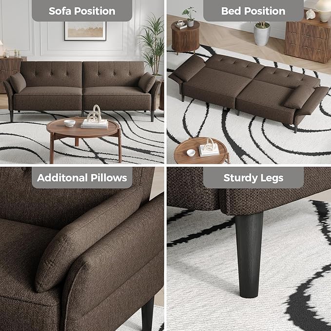 89” Futon Sofa Bed,Comfy Futon Couch Bed with 2 Square Pillows,Convertible Sleeper Sofa with Adjustable Backrest& Armrests, Modern Loveseat Sleeper for Living Room, Bedroom, Linen Brown