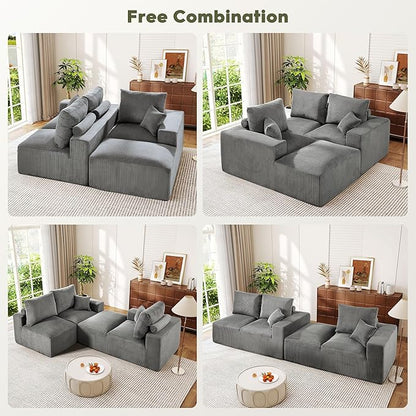 WESTSETLUX 108” Cloud Sectional Sofa Couch with High-Seat, Corduroy Modular Sofa with Oversized Chaise, High-Back Modern L-Shaped Couches for Living Room, No Assembly Required (Grey)