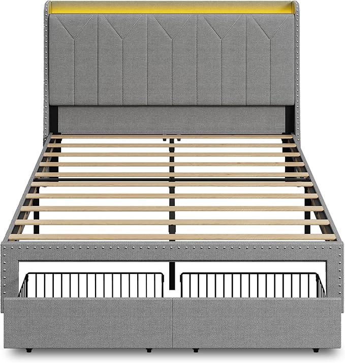 WLIVE Full Size Upholstered Bed Frame with 2 Drawers, Linen Tufted Storage Headboard with Charging Ports and LED Light,Sturdy Metal & Wooden Slats Support, No Box Spring Needed, Light Grey