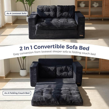 MAXYOYO Convertible Sofa Bed, Pull Out Loveseat Sleeper Sofa, 2 in 1 Folding Couch Bed, Fold Out Floor Couch with Pillows for Living Room Bedroom Lounge, Black