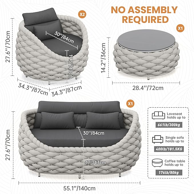 Erotr Aluminum Patio Furniture Set: 4 Pieces Woven Rope Outdoor Conversation Sofa Set Assembled - Modern Cushioned Armchair Couch Set for 660lbs Porch Deck Backyard Poolside Garden Drawing Room Hotel