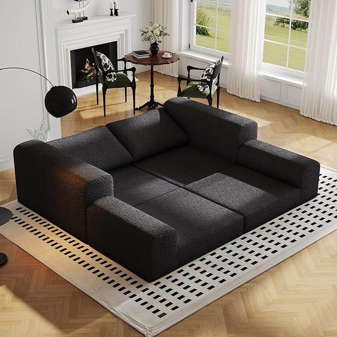 Cloud Modular Sectional Sofa, DIY Combination Modular Couch for Living Room, Unique Knitted Fabric Love Seat Couches with 2 Pillows, 2 Seater Comfy Sectional Couch with No Assembly (Black)