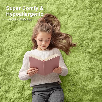 OLANLY 5x8 Machine Washable Large Area Rugs for Living Room, Bedroom, Soft Fluffy Shaggy Bedside Rug, Indoor Floor Carpet for Kids Girls and Boys, Dorms, Nursery, Home Decor Aesthetic, Grass Green