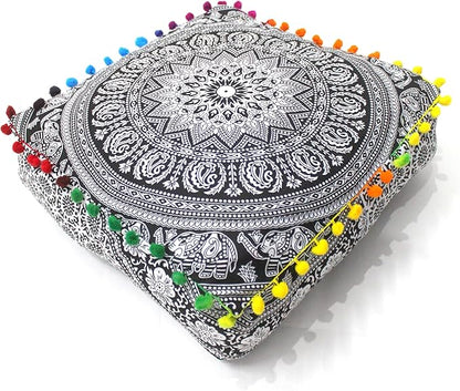 CRAFT KALA Black Elephant Flower Large Hippie Mandala Meditation Floor Ottoman Pillow Cushion Pouf Cover Square Poufs Bohemian Floor Cushion Case Outdoor Fireplace Living Room Decor Cover 18" Square