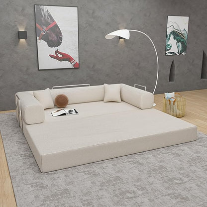 Convertible Couch Sofa Bed Foldable Floor Sleeper | Upgraded ALL High-Density 35D Foam | Fold Out Deep Seat Couch | King Size | Compression Sofa Sleeper for Living Room, Bedroom | Corduroy Beige