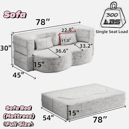 SZLIZCCC 78'' Modern Floor Sofa Bed, Convertible Teddy Fabric Sleeper with 2 Pillows, Modern Teddy Fabric Floor, Foam Folding Mattress for Living Room, Guest Bed, Playroom & Small Spaces (Grey)