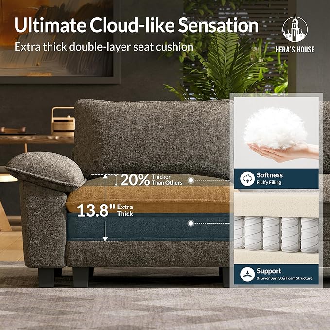 HERA'S HOUSE 88" Modular Sectional Sofa, Loveseat Couches for Living Room, Comfy Cloud Couch 2-Seater Deep Seat Sofa with Throw Pillow, Chenille Ash