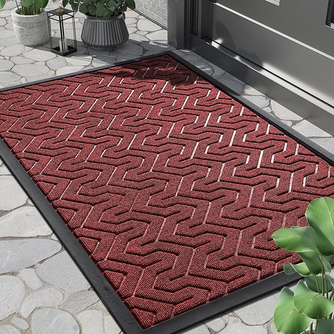 Yimobra Front Door Mat Outside Entrance 29.5x17, Waterproof Heavy Duty Outdoor Mats for Front Door, Non Slip Rubber Entry Mat for Garage Patio Indoor, Black Red