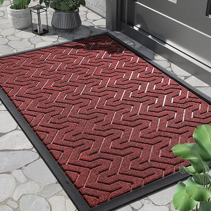 Yimobra Front Door Mat Outside Entrance 29.5x17, Waterproof Heavy Duty Outdoor Mats for Front Door, Non Slip Rubber Entry Mat for Garage Patio Indoor, Black Red