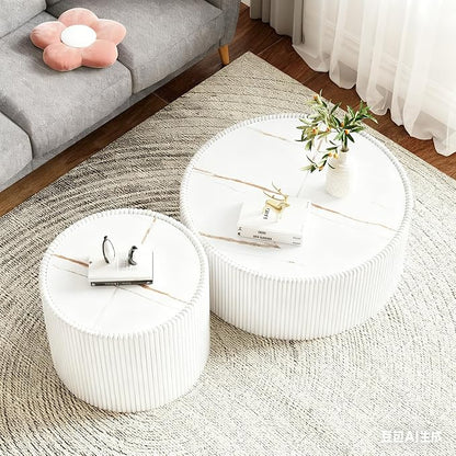 Round Coffee Table Set with Sintered Stone Tabletop, 29.52" White Drum Center Table and 17.71" White Coffee Table Set, 2 Pieces Living Room Table Set with Fluted PU Leather Cover& Stable Base