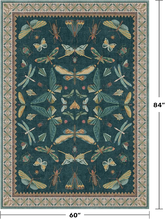 Insect Teal Green 5x7 Area Rug for Living Room - Cottage Core Rug for Bedroom, Dining Room, Kids Playroom, Home Office, Floral Vintage Whimsical Butterfly Washable Non Slip Floor Décor