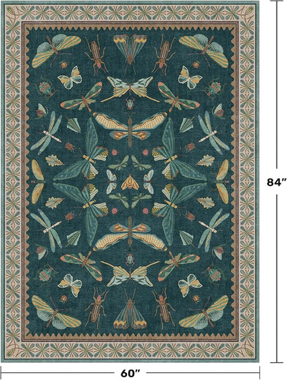 Insect Teal Green 5x7 Area Rug for Living Room - Cottage Core Rug for Bedroom, Dining Room, Kids Playroom, Home Office, Floral Vintage Whimsical Butterfly Washable Non Slip Floor Décor