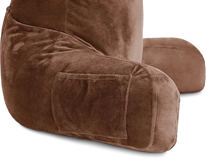 Husband Pillow Chocolate, Original Reading Pillow in Bed Rest Chair, Shredded Memory Foam Large Lounge Cushion Adult Backrest with Arms, Comfy Back Support for Sit Sitting Up, Wash/Removable Cover