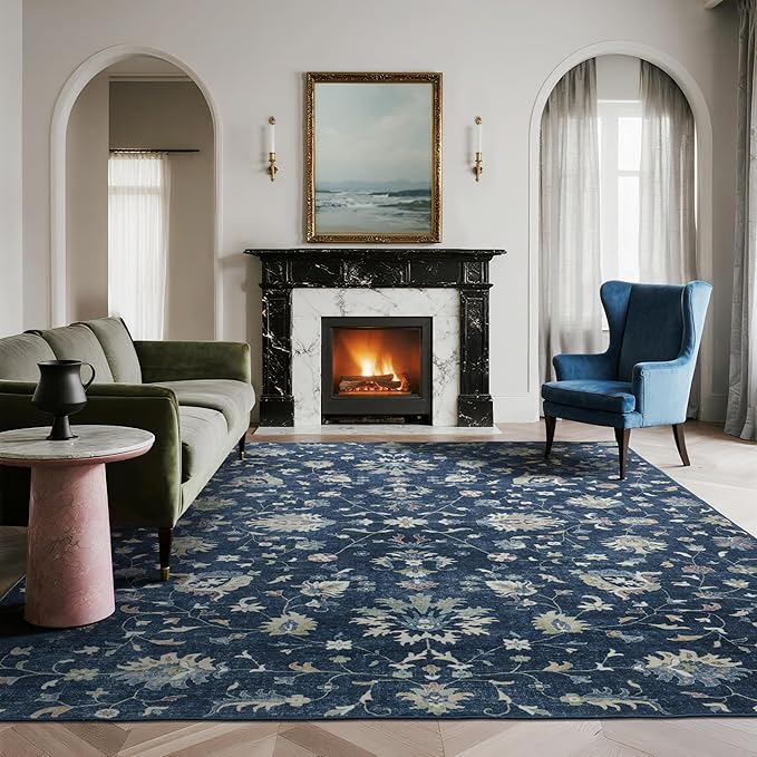 Washable Rugs 8x10 Area Rugs for Living Room,Bedroom,Dining Room- Soft Low Pile Stain-Resistant Carpet with Non-Slip Rubber Backing,Vintage Large Area Rug for Nursery Home Office Decor