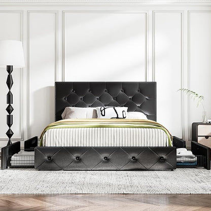 MUTICOR Queen Size Bed Frame with 4 Storage Drawers, Upholstered Platform Bed with Button Tufted Adjustable Headboard, No Box Spring Needed, Easy Assembly, Diamond Tufted, Black Leather