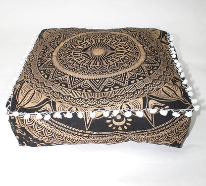 CRAFT KALA 18" Square Large Hippie Mandala Meditation Floor Ottoman Pillow Cushion Pouf Cover Square Poufs Bohemian Circle Floor Cushion Case Outdoor Fireplace Yoga Living Room Decor Cover Black Gold