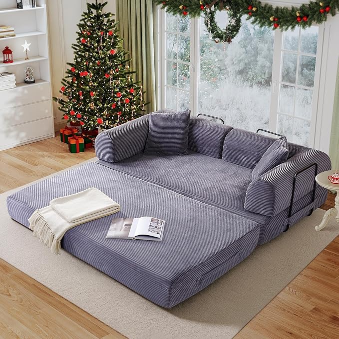 Antetek Convertible Futon Sofa Bed, 3-Seater Modern Corduroy Foam Floor King Size Bed Fold Out Sleeper Lounge Loveseat Sofa Couch with 2 Throw Pillows for Living Room Bedroom Guest Room, Light Grey