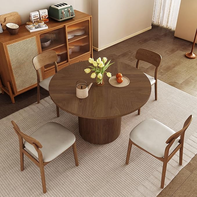 Round Dining Table for 4, Modern Farmhouse Kitchen Table, 47 Inch Small Circle Dining Tables with Wood Strip Base for Kitchen Living Room (Walnut)