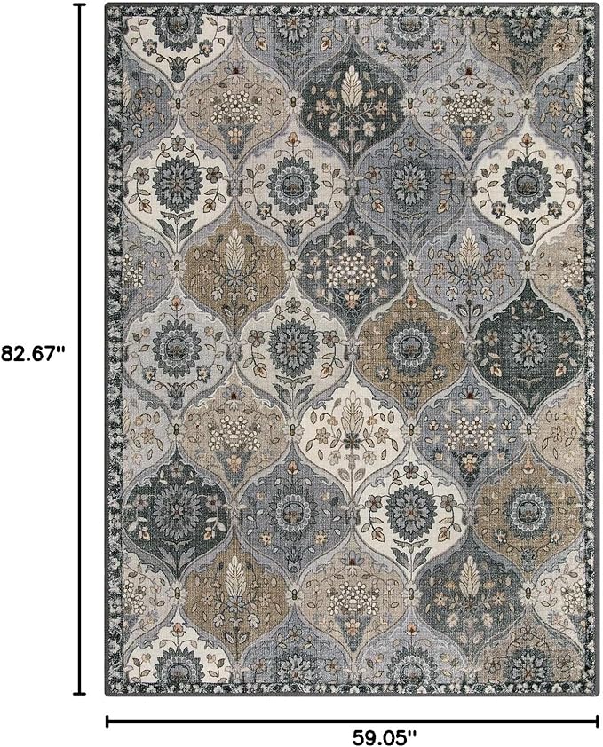 Lahome Moroccan Trellis Washable Area Rug, 5x7 Rugs for Living Room Indoor Non-Slip, Large Oriental Accent Throw Carpet for Bedroom Entryway Bathroom Office, Grey