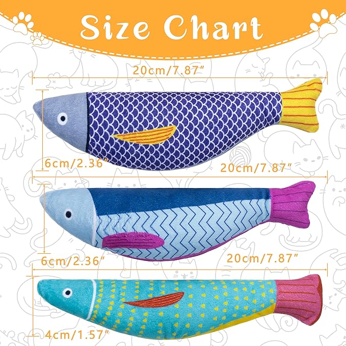 Soft Catnip Toys Fish, 3 Pack Bell Sound Cat Toys, Interesting Indoor Cat Kicker Toys, Durable and Highly Interactive Catnip Toys (Kingfish)