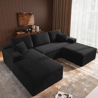 3-Piece Boneless Modular Sectional Sofa, Cloud Couch, Left Facing Chaise with Ottoman, Oversized Deep Seat, Soft Corduroy Fabric, Sectional Couch for Living Room-Black