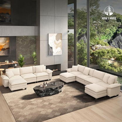 HERA'S HOUSE 124" Modular Sectional Sofa, Oversized U Shaped Couches for Living Room, Comfy Cloud Couch with Ottoman, 5-Seater Deep Seat Sofa with Throw Pillow, Corduroy Beige