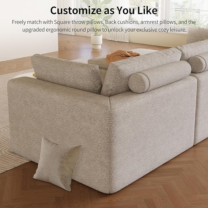 109" Oversized L Shaped Modular Sectional Sofa,Cloud Sectional Couch with Ottoman Deep Seat,Boneless Memory Foam Sofa for Living Room,Teddy Fleece Fabric, No Tools Assembly Required (Beige,1 Ottoman)