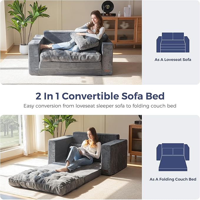 MAXYOYO Convertible Sofa Bed, Pull Out Loveseat Sleeper Sofa, 2 in 1 Folding Couch Bed, Fold Out Floor Couch with Pillows for Living Room Bedroom Lounge, Dark Grey