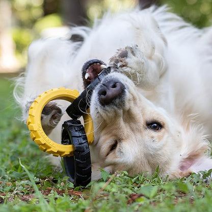 Tonka 3-Ring Tug Outdoor Dog Toy, 10.5 Inch Ring Dog Tug Toy for Medium and Large Breeds, Black/Yellow