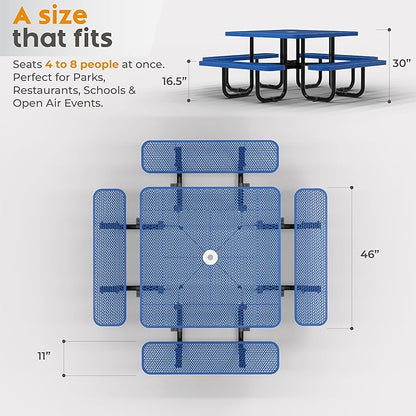 Metal Picnic Tables for Outdoors with Umbrella Hole - Coated Steel Heavy Duty Commercial Grade Furniture with Adjustable Seats (Blue, 46 in, Square, Expanded Steel)