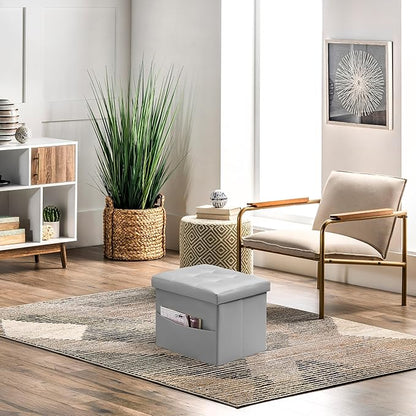 AmasSmile Storage Ottoman Folding Foot Rest Stool with Side Pocket, 16 inch Leather Footstool Bench, Short Ottoman Bench, Storage Foot Rest Store, Books, Grey