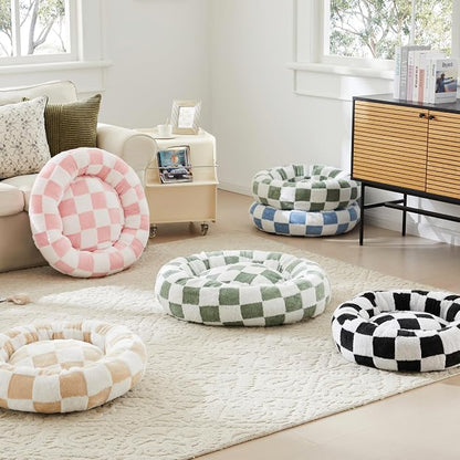 Ohocut Checkered Dog Bed, Cute Girly Pink Retro Style Aesthetic Round Warming Pet Calming Beds for Small Dog and Cats, Plush Cozy Donut Dog Beds Washable, 30" L x 30" W x 8" Th