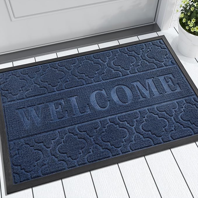 Yimobra Welcome Matt Outdoor Indoor 29.5x17, All-Weather Waterproof Front Door Mat, Non-Slip Low Profile Porch Patio Entrance Doormat, Blue