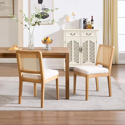 Wahson Mid Century Modern Dining Chairs Set of 2, French Country Modern Style, Rectangle Cane Upholstered Kitchen Chairs with Natural Wooden Legs, White Chenille