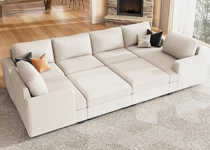 Nolany Modular Sectional Couch with Storage Ottoman, Corduroy Sleeper Sofa with Chaise, Sectional Couches for Living Room, Beige