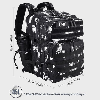 LHI Military Tactical Backpack for Men and Women 45L Army 3 Days Assault Pack Bag Large Rucksack with Shoe Compartment - Black Lightning