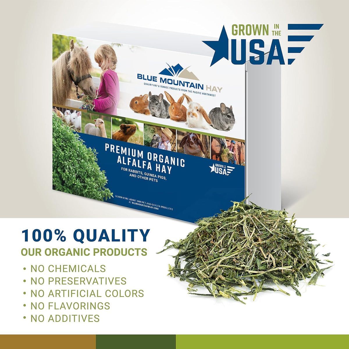 Blue Mountain Hay High-Altitude Hay - Organic Alfalfa, 10lb - High Protein, Fiber & Mineral-Rich - Soft, Leafy, High Leaf Retention - Ideal for Goats, Rabbits, Guinea Pigs & Other Small Animals