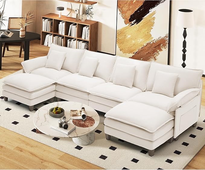 Modular Sectional Sofa, Comfy Cloud Couch with Movable Ottoman, Deep Seat Couches for Living Room, Bedroom and Apartment, 140" U Shaped Modern Sofa with Pillows, Beige
