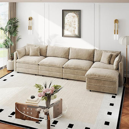Aoowow Modular Sectional Sofa Modern Convertible L Shaped Couch,147.2 Inch Deep 4-Seater Sofas Set Comfy Chenille Cloud Sofas and Couches with Movable Ottoman for Living Room Apartment（Camel）
