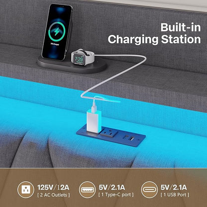 Queen Bed Frame with Headboard, Platform Bed Frame Queen Size with LED Lights & Charging Station, Upholstered Bed Frames with Storage Headboard, No Box Spring Needed, Easy Assembly, Gray